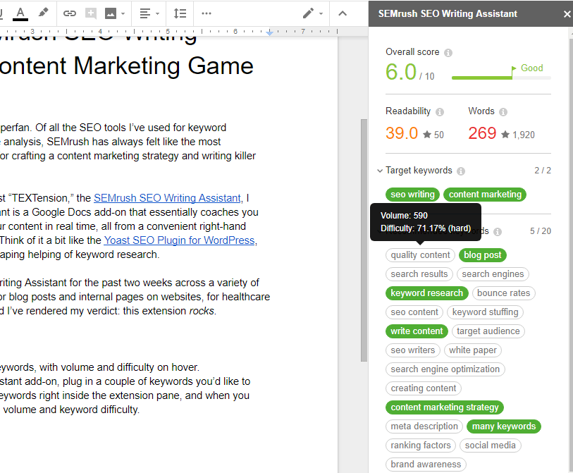 A screenshot of the SEMrush SEO Writing Assistant