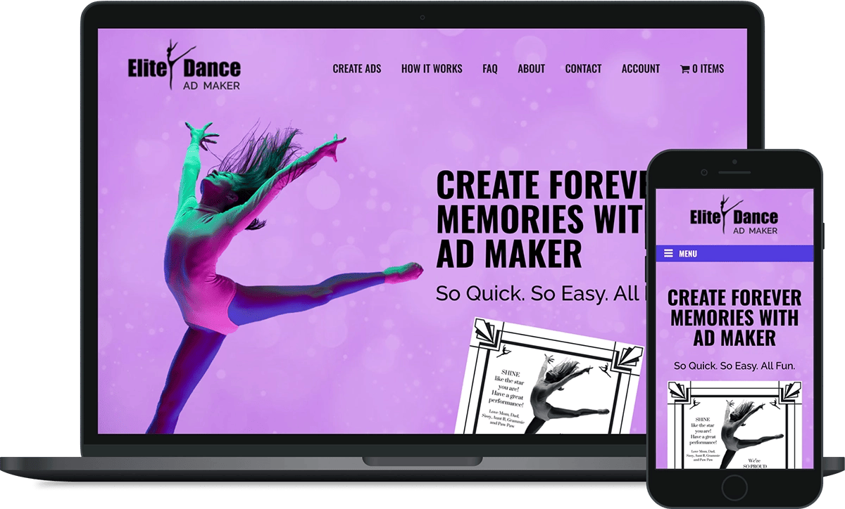 Elite Dance Ad Maker site on laptop