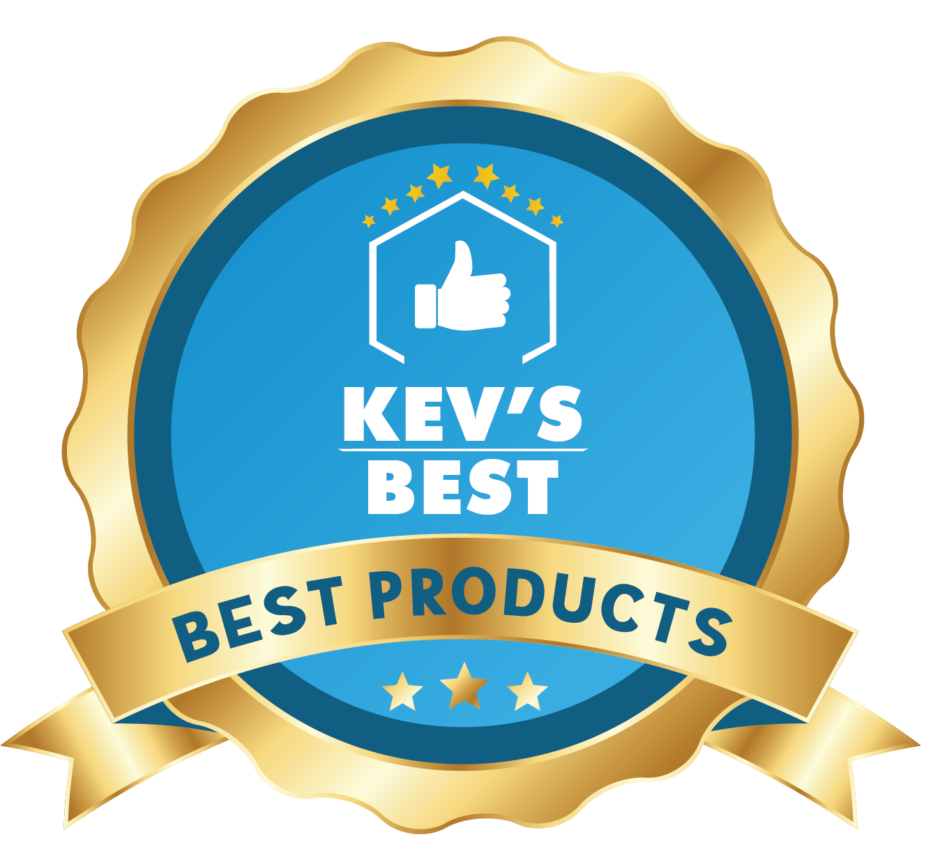 Kev's Best Best Products seal with a thumbs-up icon toward the top above the text.