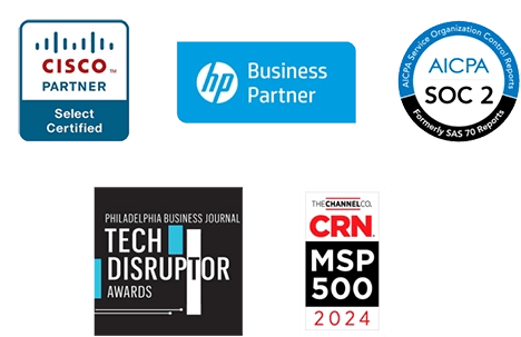 MSP IT awards Cisco Partner, HP Business Partner, AICPA SOC 2, Philadelphia Business Journal Tech Disruptor, CRN MSP 500 2024