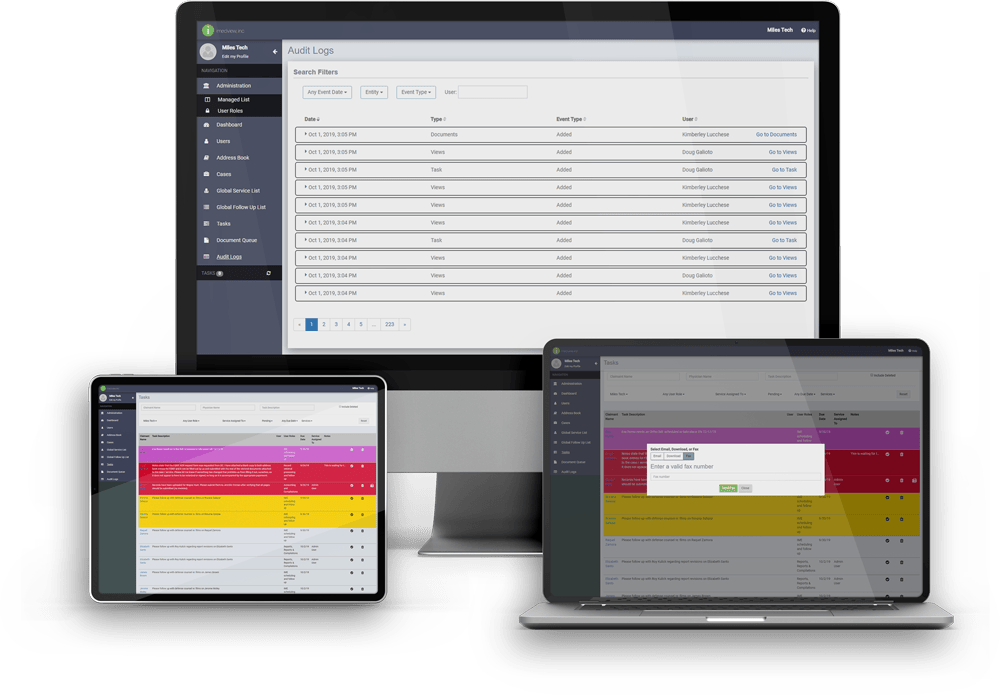 Desktop, laptop, and tablet screens showing the custom software