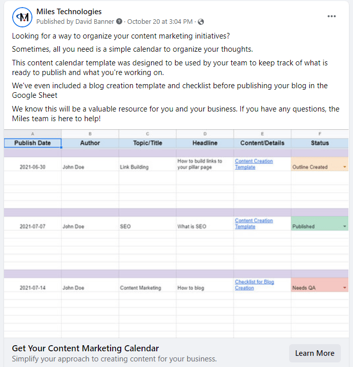 example of content calendar in a social ad