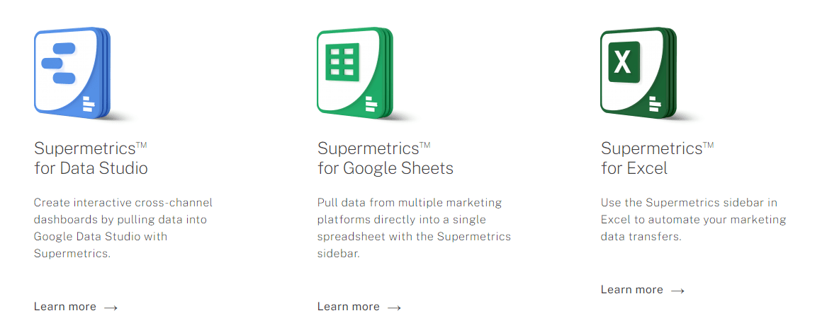 supermetrics for data studio, google sheets, and excel